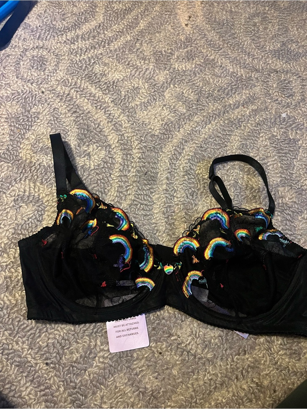 Savage X Fenty Black Mesh Bra with Rainbow Embroidery